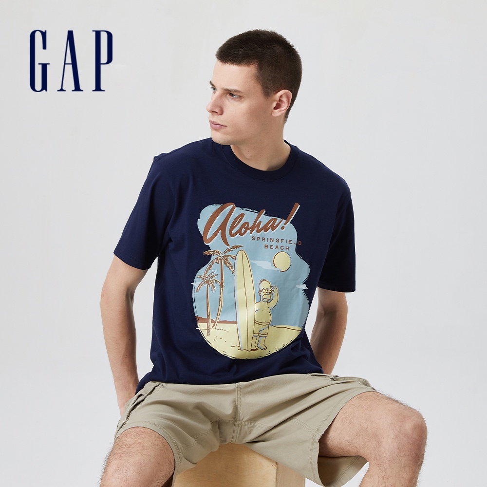 Gap 男裝 Gap x 辛普森家庭聯名 Logo純棉印花圓領短袖T恤-海軍藍(714977)