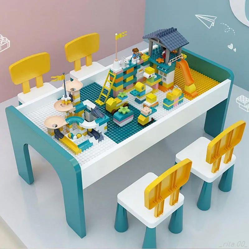 現貨 兒童玩具積木學習桌椅兒童積木桌子多功能大號學習桌寶寶益智拼裝玩具組合游戲桌椅套裝