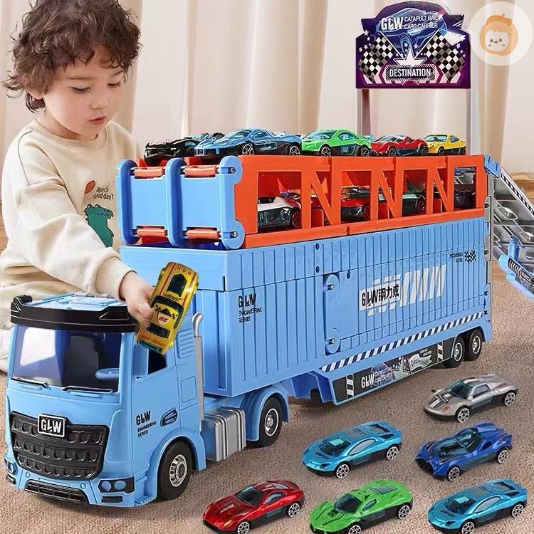 橘之 兒童運輸變形彈射大卡車收納貨柜車折疊軌道合金小汽車男孩玩具