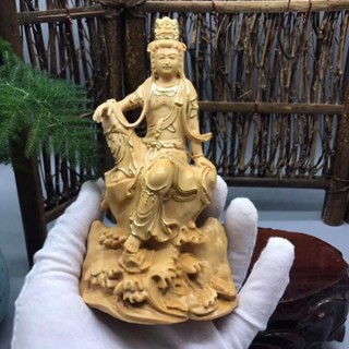 14cm高 崖柏黃楊木雕蓮花水月自在觀音 中式禪意客廳玄關擺件佛像工藝品brfc