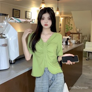 GP實拍 素T 上衣女生韓版 韓版短袖 寬鬆上衣 短袖上衣大碼女裝短袖T恤女夏季新款胖MM不規則半袖體恤V領上衣設計感