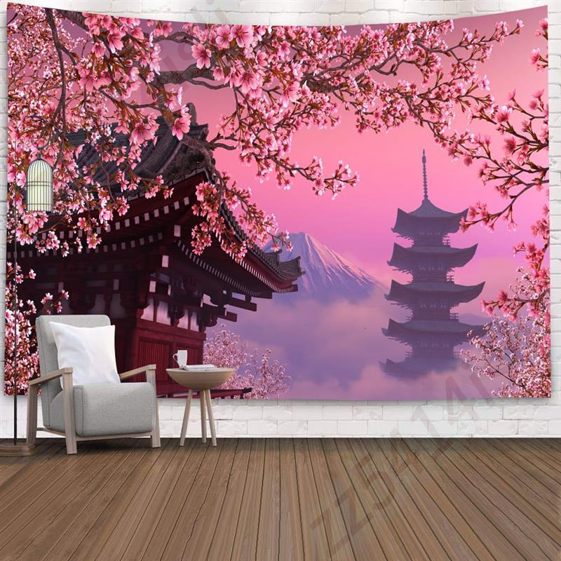 【伍壹】日本富士山櫻花風景掛布超大款式客製歐美北歐風武漢櫻花樹美景裝飾房間牆壁壁佈潮流拍攝背景布床頭牆布掛