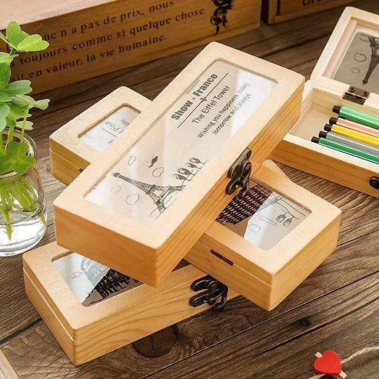 MOOPS國中國小文具盒創意 復古實木鐵塔文具盒 木質筆盒木制鋼筆鉛筆收納盒