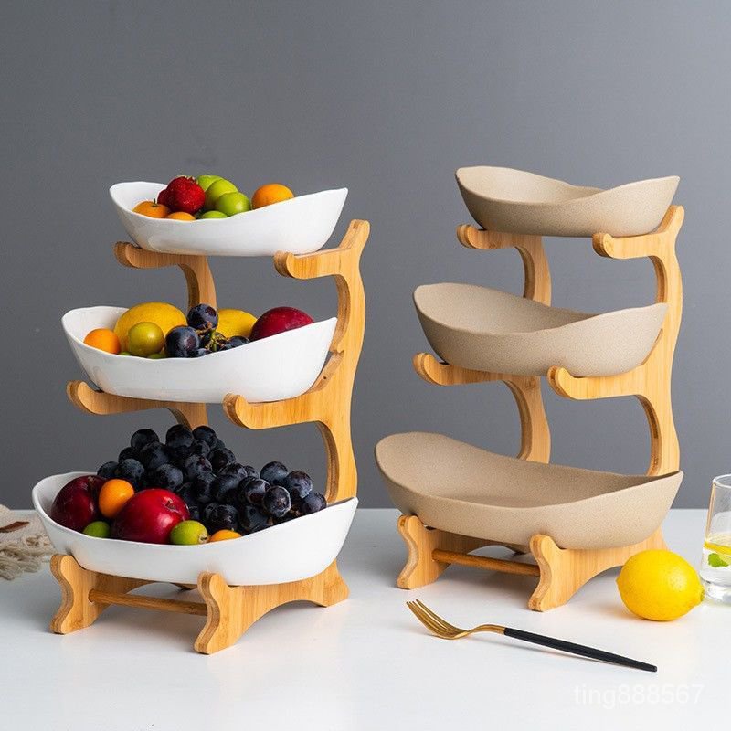 創意盤糖果多層水果盤歐式零食幹果盤竹木架傢用陶瓷三層託盤果籃 IGAE