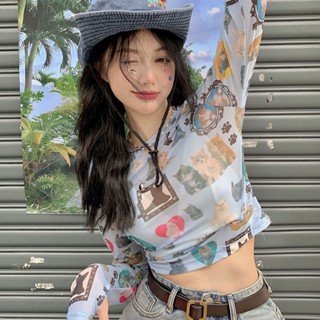 網紗 疊穿 打底衫💕 泫雅風防曬衣冰絲長袖t恤女夏季短款修身內搭網紗打底衫甜辣上衣 女生上衣 內搭