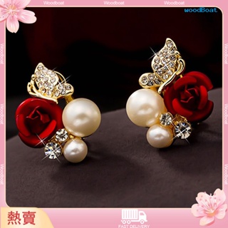 [熱賣]♥耳環紅玫瑰花朵珍珠精美合金耳釘派對珠寶禮物