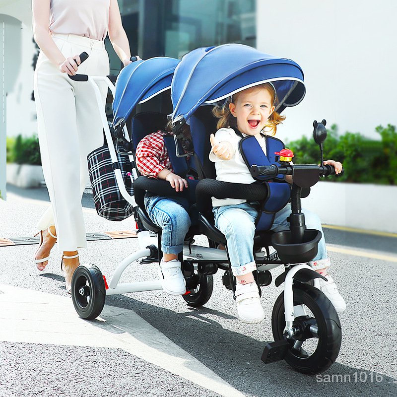 雙胞胎三輪車兒童雙坐腳踏車雙胞胎嬰兒推車1-5嵗寶寶車可轉嚮