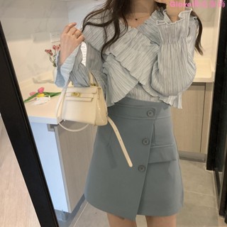 新款防曬上衣春夏裝設計感小眾氣質長袖襯衫女交叉領木耳邊娃娃衫打底衫 洋氣百搭小衫 秋季新款 大碼女 氣質