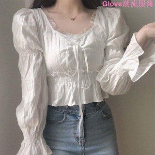 精品法式襯衫女設計感小眾長袖襯衣百搭小清新顯瘦心機短款上衣打底衫 洋氣百搭小衫 秋季新款 大碼女 氣質
