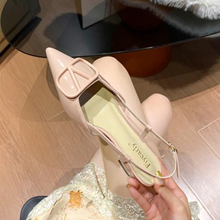 DAVINIE 尖頭低跟鞋 包頭粗跟涼鞋女後空 新款法式淺口尖頭V扣色漆皮高跟鞋單鞋