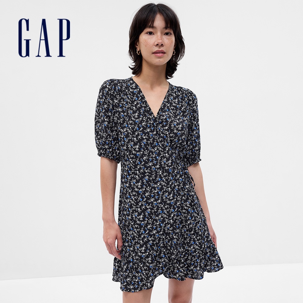 Gap 女裝 V領修身短袖洋裝-黑色(739151)