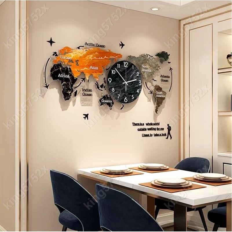 【木子好物】藝術工坊北歐ins創意彩色世界地圖時鐘牆壁裝飾時鐘掛鐘 世界地圖壁畫時鐘 客廳辦公室餐廳#king5752x