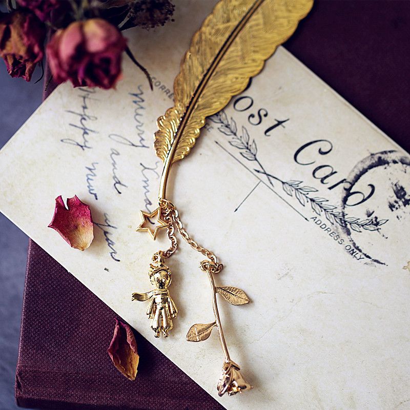 書籤 小王子的玫瑰花書簽周邊飾品情人節禮物精致金屬學生盒裝女生羽毛