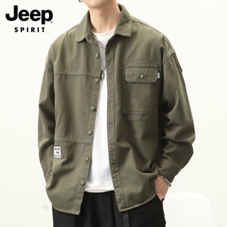 男装 Jeep吉普長袖襯衫男士秋季潮牌翻領工裝襯衣純色休閑夾克外套男裝