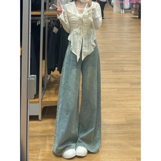 超大尺碼~寬褲大碼復古高腰闊腿牛仔褲女2023年秋季新款設計感直筒寬松拖地褲子彈力拖地褲 闊腿褲 長褲 寬褲女