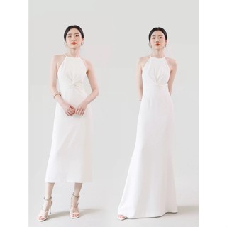 現貨💕【桔束🍊】3色💕S-XL 削肩腰扭結曲線白色禮服 魚尾洋裝 輕婚紗 婚禮/喜酒/主持人洋裝