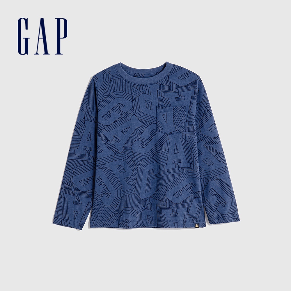 Gap 男幼童裝 純棉印花/條紋圓領長袖T恤 厚磅密織親膚系列-深藍色(753674)