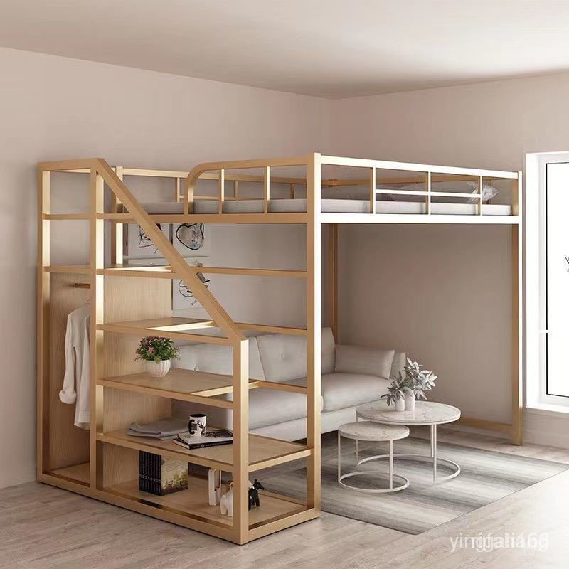 ❀現代高架床單層閣樓床小戶型多功能鐵藝床雙人床二層上上下舖床架 高架床 上下舖 雙人床架 雙層床 雙人床 鐵架床 TX0
