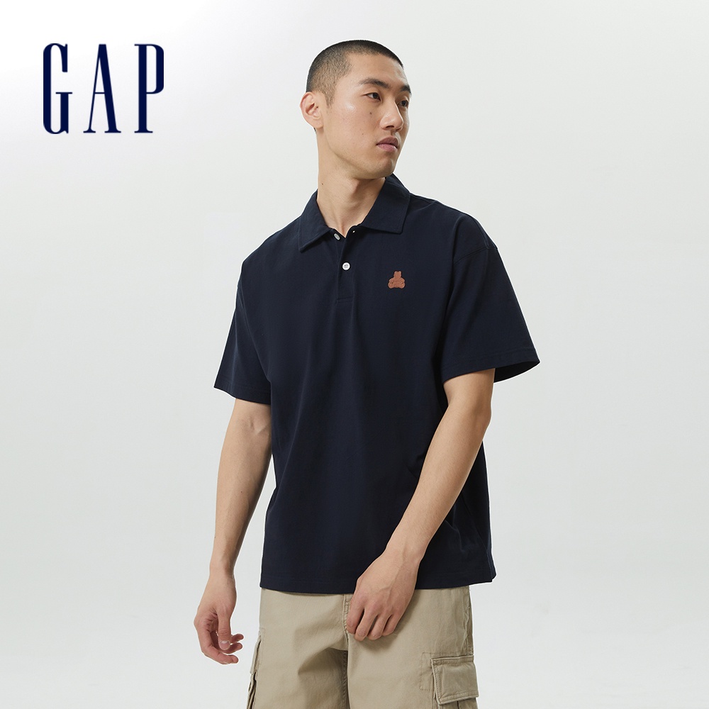 Gap 男裝 小熊短袖POLO衫 厚磅密織水洗棉系列-海軍藍(602696)