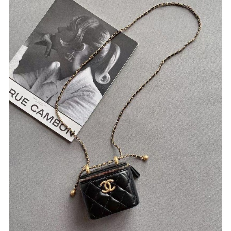 二手Chanel 香奈兒 21新款 雙金珠抽繩 黑金 mini盒子包 單肩包