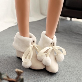 日系可愛絨毛球內增高雪地短靴兩穿女表演鞋大小碼