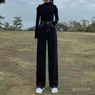 高腰直筒褲 復古拖地褲 百搭黑色 顯瘦闊腿 牛仔長褲休閒褲子 女裝牛仔褲女 直筒褲 休閒長褲 高腰直筒褲 闊腿褲女 長褲