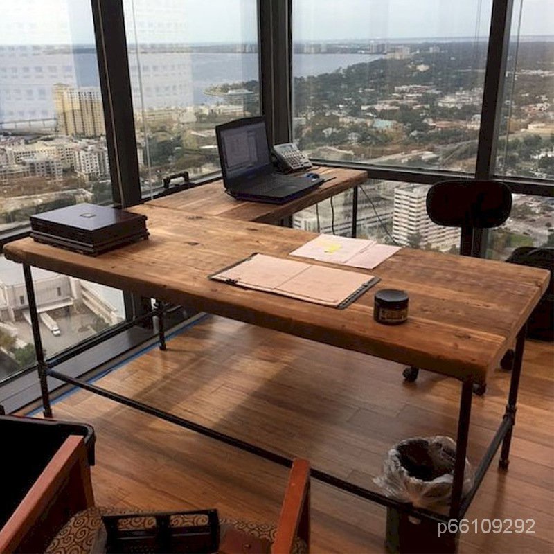 工業風電腦桌轉角書桌L型拐角工作臺簡約複古實木傢用墻角辦公桌傢俱傢俱