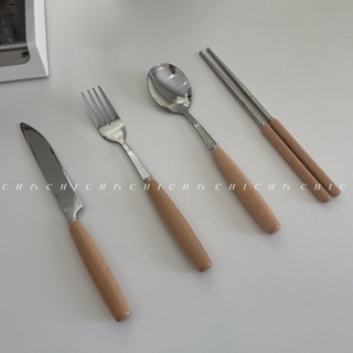 簡約ins圓柱木柄筷子刀叉勺子餐具套裝不銹鋼復古餐具