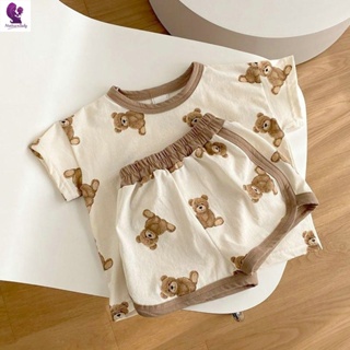 嬰兒短袖套裝 寶寶套裝 ins21夏款韓國嬰兒可愛卡通熊短袖T恤上衣+短褲男女寶寶2件套裝