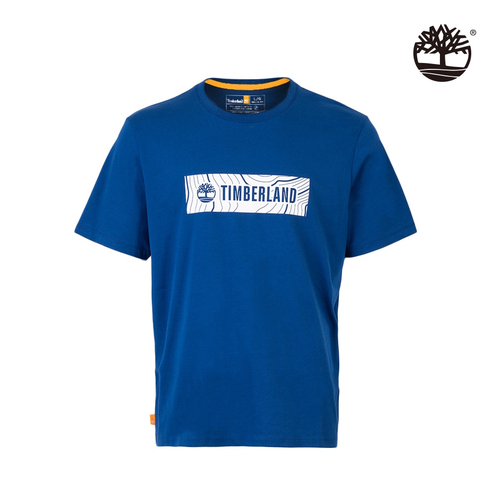 Timberland 男款領頭羊藍有機棉長型撞色Logo印花短袖 T恤|A69U5CY5