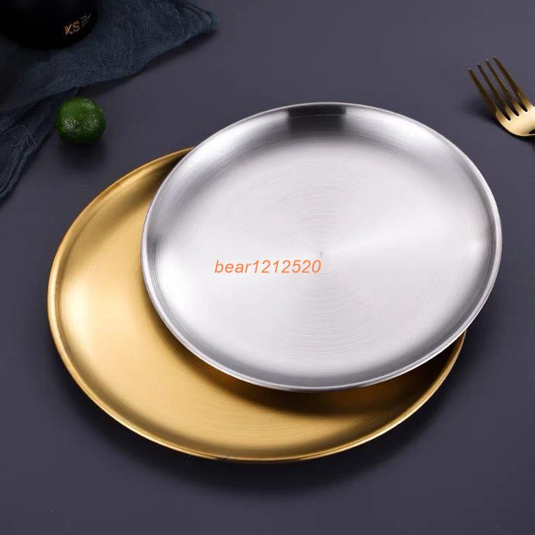 ✨新款熱銷🔥加厚304不銹鋼圓盤烤肉商用平底骨碟金色水果甜品淺盤子韓國餐具
