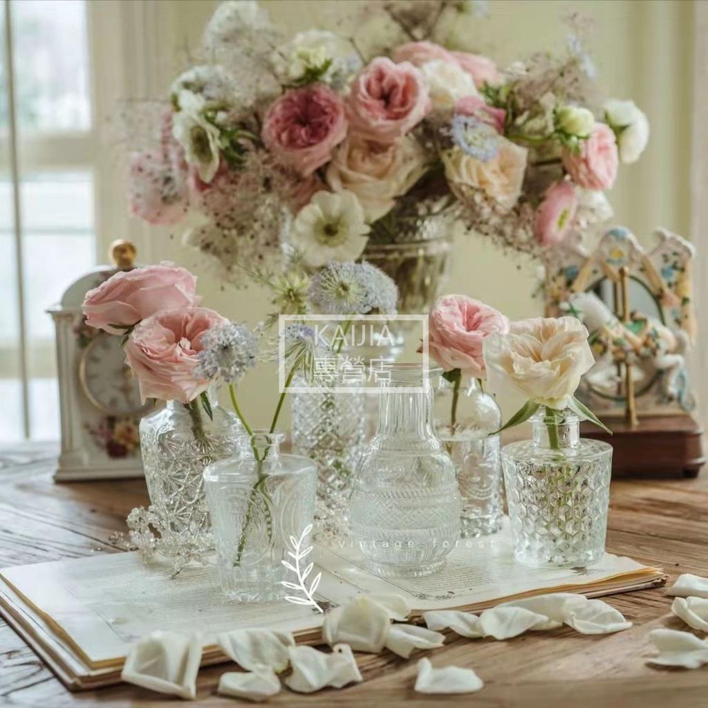 🎈台灣出貨🎈ins透明小花瓶 簡約 水晶 插花瓶 水培器皿 浮雕花器 復古 桌面裝飾擺件