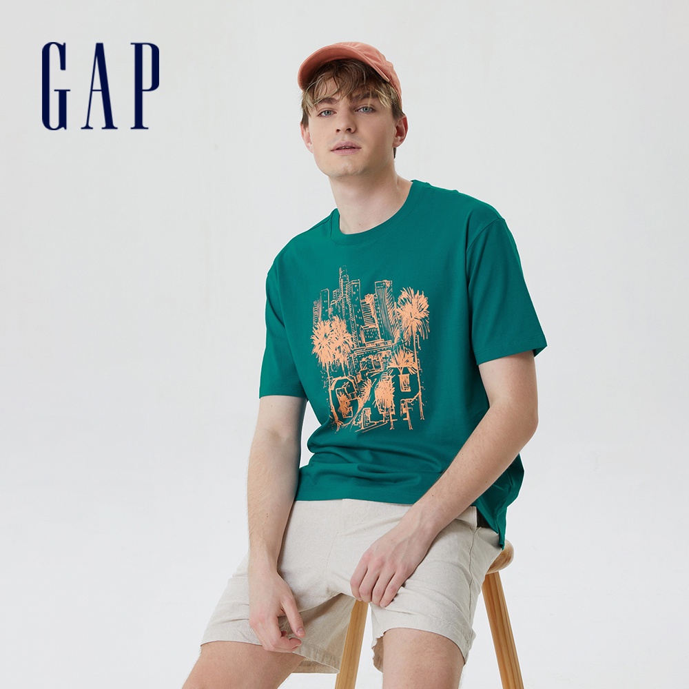 Gap 男裝 Logo印花短袖T恤 厚磅密織親膚系列-森綠色(602984)
