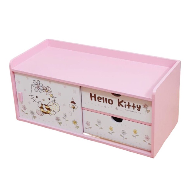 【現貨】小禮堂 Hello Kitty 木製側拉門收納櫃 (粉蜜蜂款)