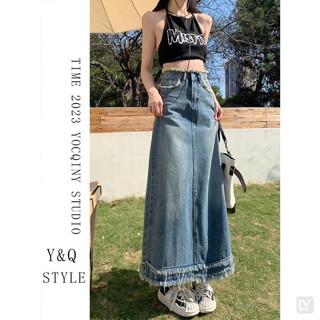 🎀優品🎀美式復古牛仔半身裙女春夏季高腰毛邊設計感顯瘦大碼A字包臀長裙