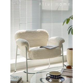 【優質特惠】羊羔絨白色沙發椅臥室陽臺休閑躺椅小戶型簡約化妝椅現代單人沙發
