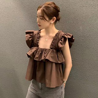 點心喵 小飛袖上衣 飛袖上衣 飛飛袖 澎袖上衣 澎澎袖上衣 飛鼠袖上衣 chic法式氣質方領露鎖骨荷葉邊寬鬆飛飛袖襯衫