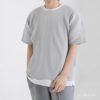 💦 三宅男裝 新款上市💦皺褶上衣 日本褶皺短袖男裝圓領上衣寬鬆休閒五分袖夏季薄款T恤JK020 HGP2