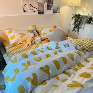 ins簡約韓式少女愛心黃色四件套床上用品被套宿舍三件套格子床單MOOPS