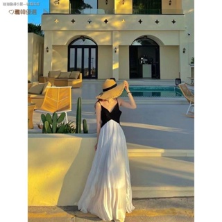 熱賣 法式高品質赫本ing風沙灘裙 海邊洋裝 吊帶洋裝 性感連身裙 夏天洋裝 孕婦洋裝 海邊度假 沙灘裙 黑白拼色 裙子