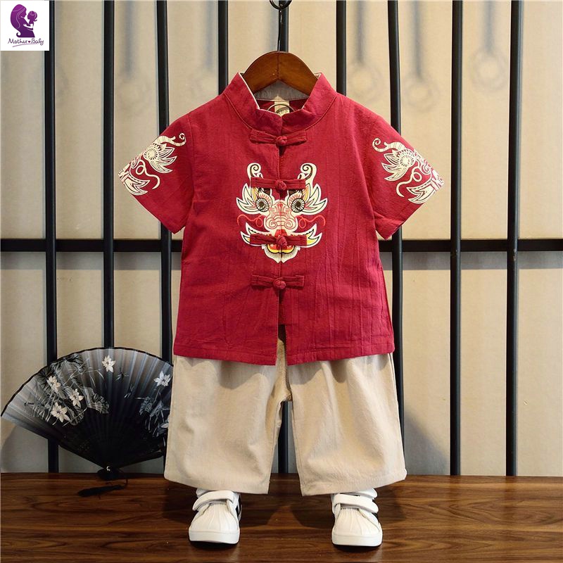 男童漢服 中國風 唐裝 男童漢服夏裝兒童唐裝古風中式套裝寶寶夏季古裝周歲禮服中國風棉