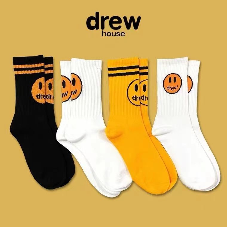 Drew棉襪子socks比伯同款春夏薄款drew襪子刺繡襪條紋圖案笑臉襪
