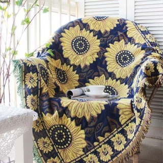 新品👍美式粗棉線毯田園沙發巾全蓋組合沙發蓋布床毯深藍向日葵沙發毯子