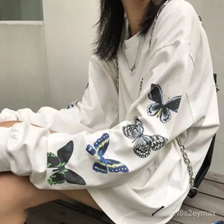 GP實拍 可愛衣服 短袖t恤 t恤女生韓版 短袖上衣女生韓版 短袖t恤女夏季ins蝴蝶印花長袖T恤女2023新款韓版寬