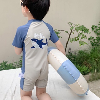 兒童連體短袖泳衣男童夏季可愛鯊魚防曬速干中小童海邊度假套裝 M22男童玩水泳裝 戲水 溫泉 戶外沙灘泳衣
