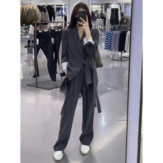 高階西服套裝女春季新版設計感綁帶西裝外套垂感直筒褲顯瘦兩件套 運動套裝女 兩件式套裝 休閒套裝 短褲套裝 夏季潮流套裝