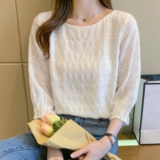 GALA衣櫥 2024年春夏新款韓版七分袖上衣女年輕氣質白色上衣寬鬆遮肚子小衫