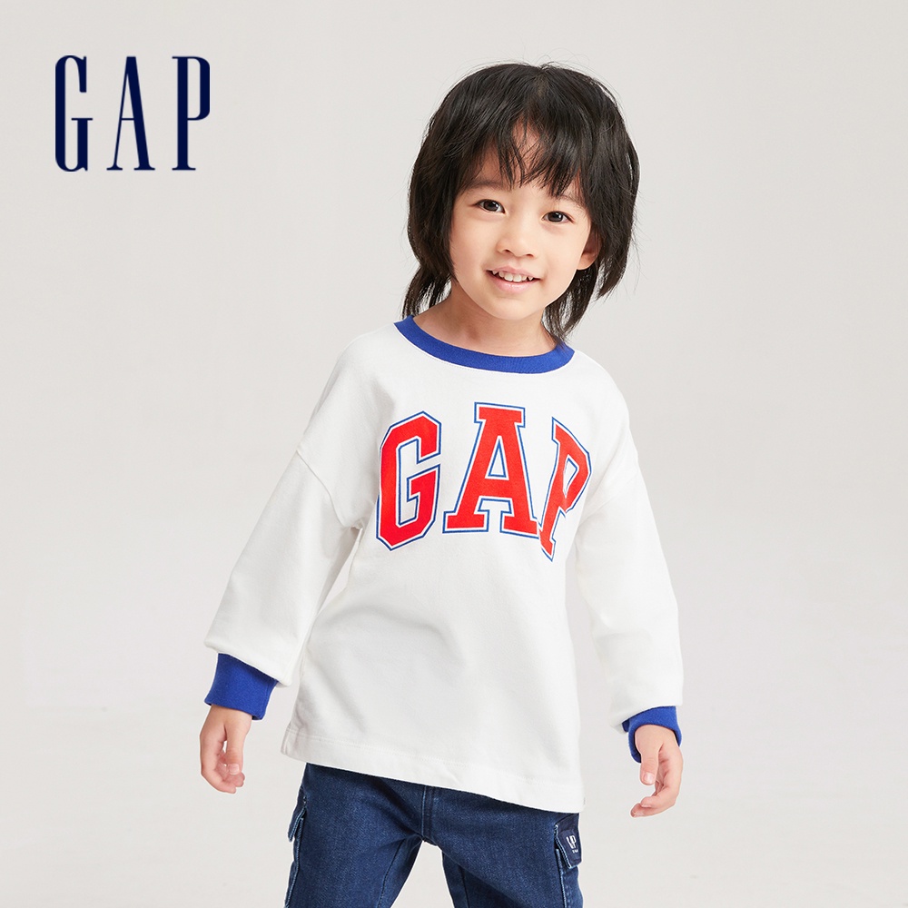 Gap 男幼童裝 Logo純棉圓領長袖T恤-白色(753648)