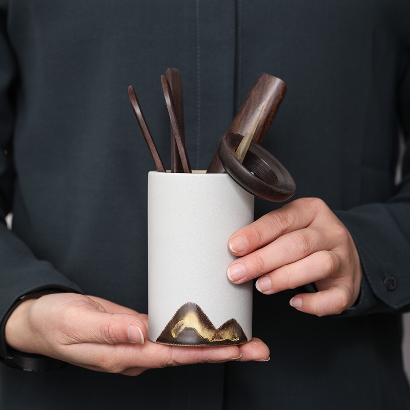 手繪 簡約風 茶道 六君子 中式 禪意 粗陶 茶桶 筆筒 擺件 黑檀木 茶具 配件 創意設計 禪意茶道