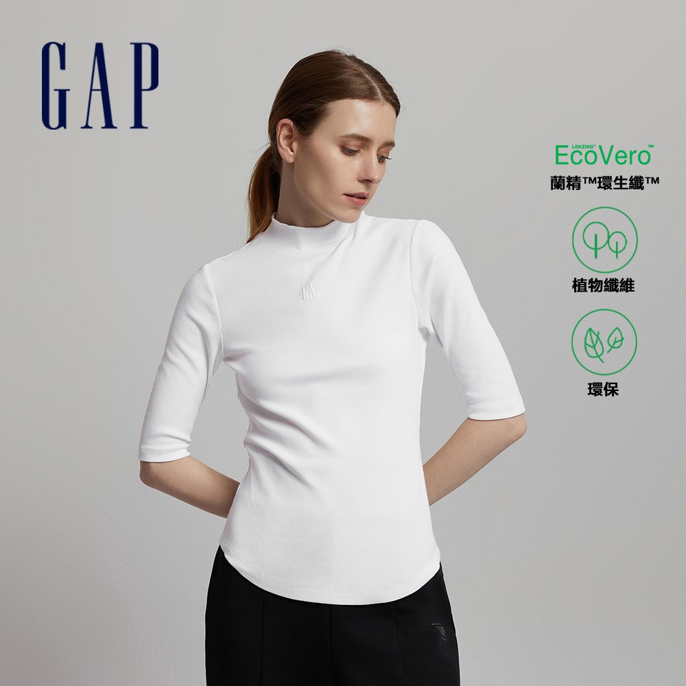 Gap 女裝 Logo立領針織七分袖T恤 女友T系列-白色(798780)